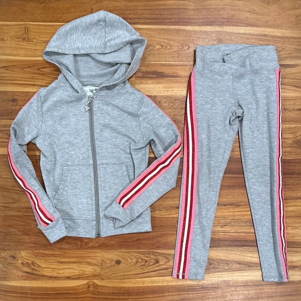 Kids T2 Love Glitter Striped Zip up Hoodie and Leggings Set Size 6